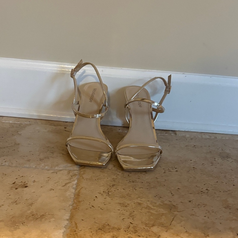 Metallic Gold Open-Toe Kitten Heel Sandals with Ankle Strap